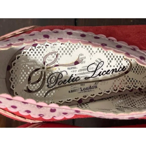 Poetic Licence London Lace Trim Red Suede Heels Pink-Bow Art Size EU 38 / US 7 - Picture 6 of 9